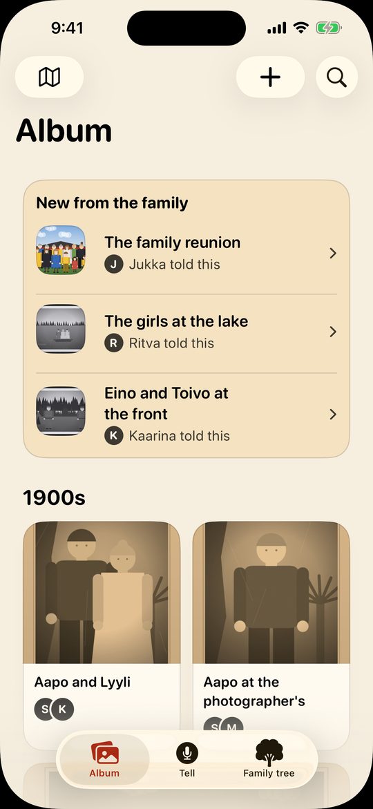 Kinwhistle's Album. At the top, under New from the family, are The family reunion, told by Jukka, The girls at the lake, told by Ritva, and Eino and Toivo at the front, told by Kaarina. Below them, under 1900s, are two old sepia pictures, Aapo and Lyyli, and Aapo at the photographer's.