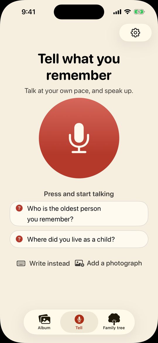 Kinwhistle's Tell screen, with a large red microphone button under the words Tell what you remember. Below it are two questions to start from, Who is the oldest person you remember? and Where did you live as a child?