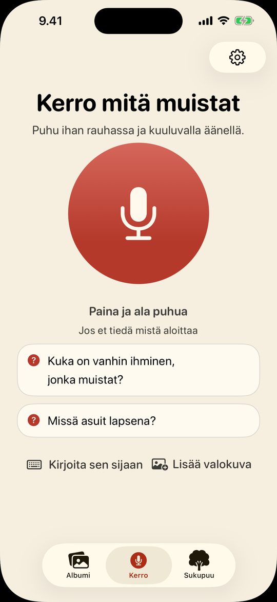 Kinwhistlen Kerro-näkymä, jossa suuri punainen mikrofoninappi on otsikon Kerro mitä muistat alla. Sen alla on kaksi kysymystä aloitukseksi, Kuka on vanhin ihminen, jonka muistat? ja Missä asuit lapsena?