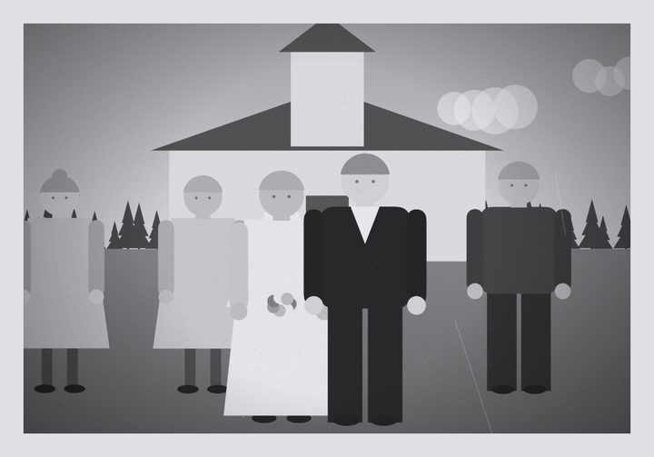 The picture itself, drawn in black and white for the example, shows a bride and groom in front of a white church, with two women and a man beside them.